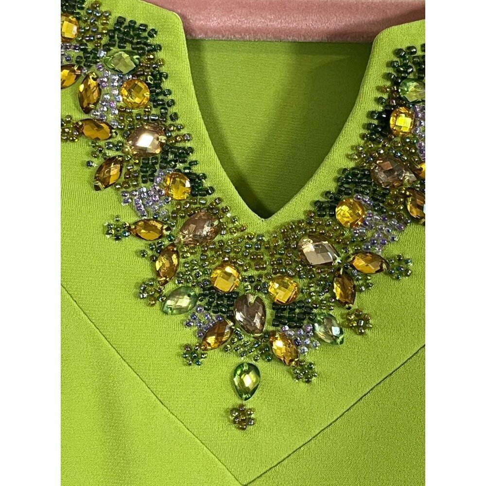 Susan Graver Liquid Knit Beaded Cardigan L Green Jeweled Resort Artsy Old Money - Picture 7 of 15